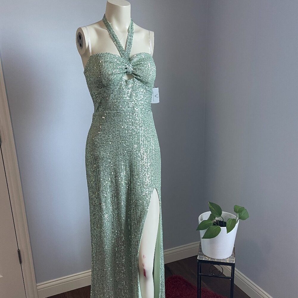 Mint Sequin Gown - Halter Neck